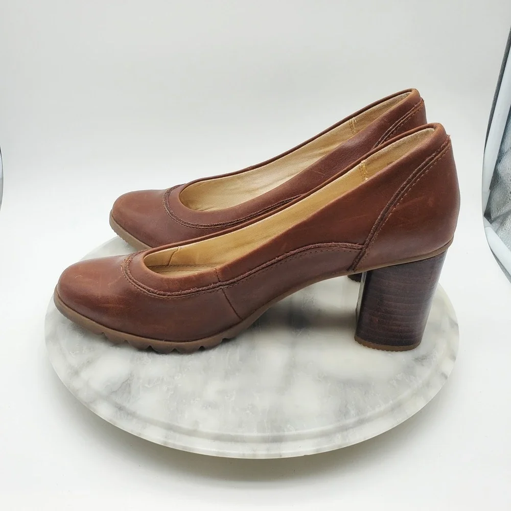 Hush Puppies‎ Spaniel Pump Dachshund Brown Leather Block Heel Comfort Shoes 8.5
